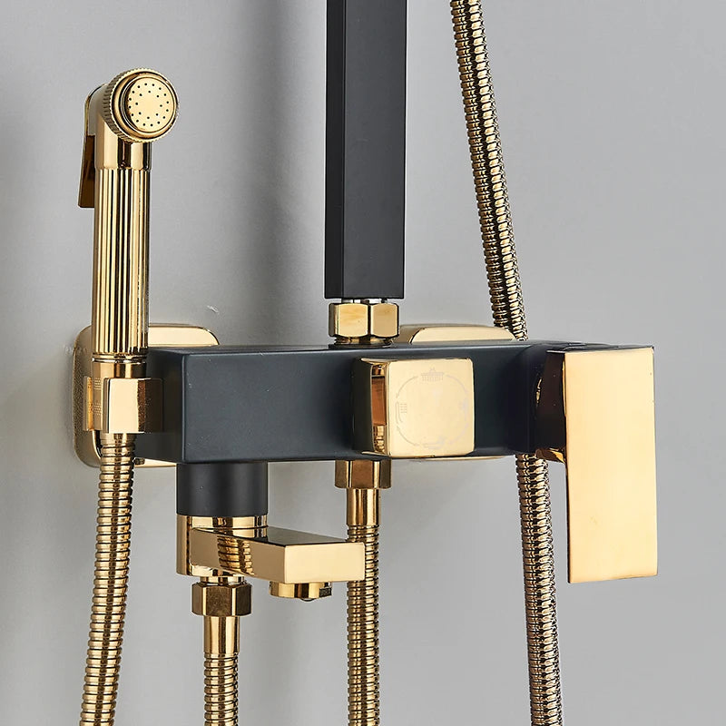 Black Golden Bathroom Shower Faucet Stainless Steel Rainfall Shower Head+Hand Shower,Rotate Bath Tub Spout Shower Kit