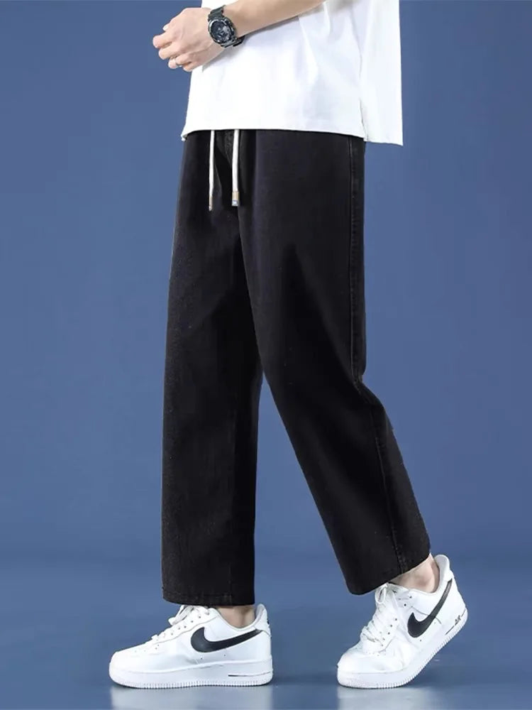 High Waist Straight Leg Dstring Elastic Waist Denim Jeans Women's Spring Autumn Slimming Drapey Lazy Sle Floor Length Pants