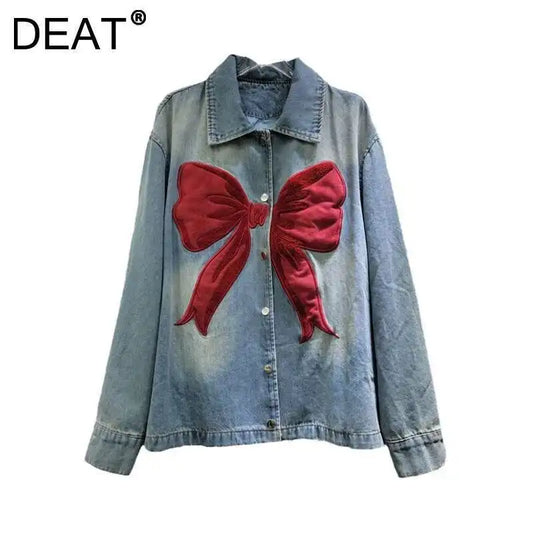 DEAT Women's Denim Coat Patchwork Red Bow Washed Blue Design Female Single Breasted Jackets 2026 Summer New Fashion 29L9359