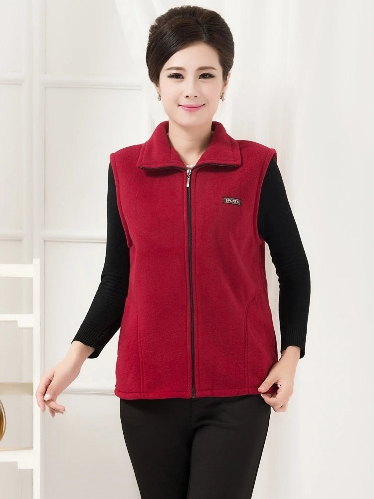 Autumn Winter Women Fashion Stand Up Polar Fleece Vest For Women's Solid Warm Lady Sleeveless Jacket