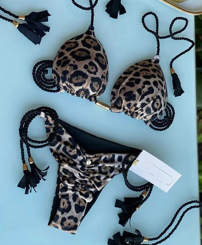 New Ladies Sexy Printed Rope Bikini Split Swimsuit