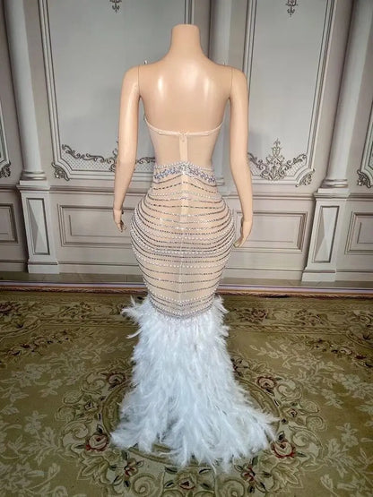 Luxury Pearls Grand Feather Sexy Floor-Length Dress Evening Party Performance Costume Bar Nightclub Singer Dancer Stage Wea