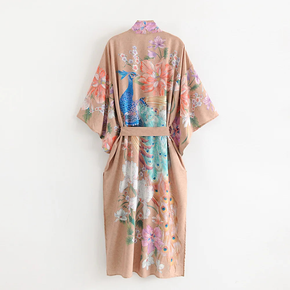 Happie Queens Vintage Peacock Floral Print  Women Bohemian V Neck Batwing Sleeves Ladies Boho Kimono Robe Cover-ups