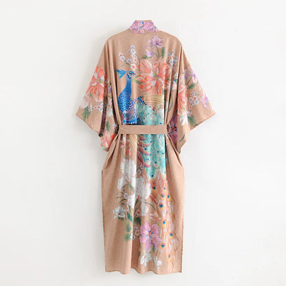 Happie Queens Vintage Peacock Floral Print  Women Bohemian V Neck Batwing Sleeves Ladies Boho Kimono Robe Cover-ups