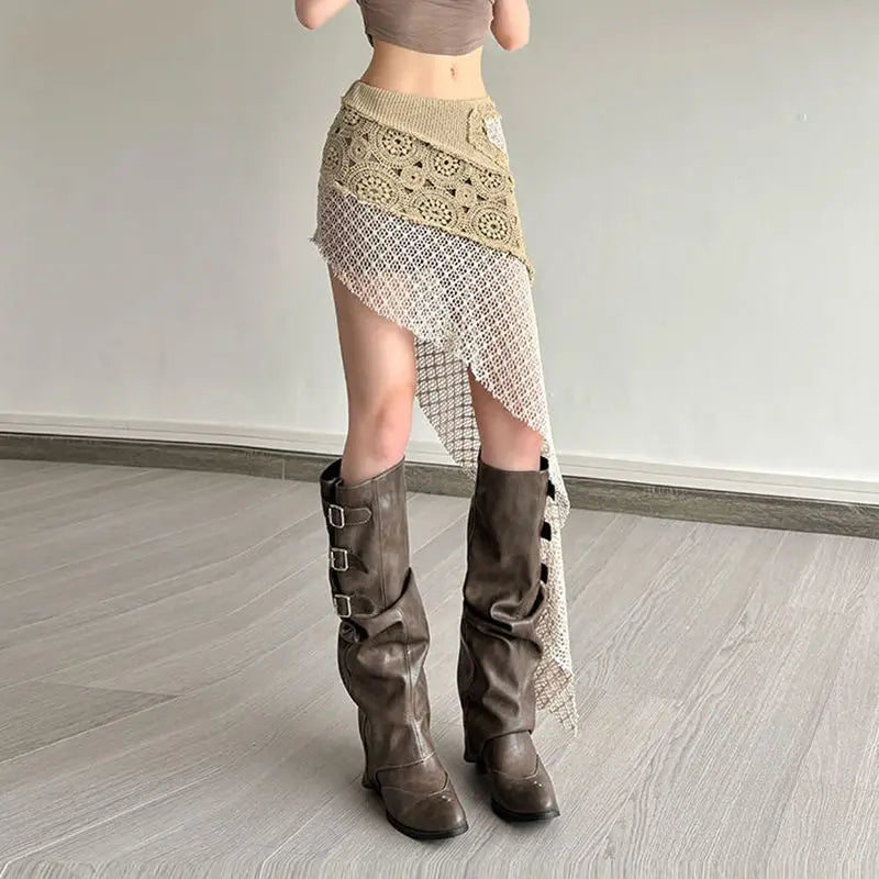 Bohemian Vintage Embroidery Knitted Skirts Summer Lace Patchwork Skirt for Women 2026 New Slim Fit Bodycon Faldas Mujer