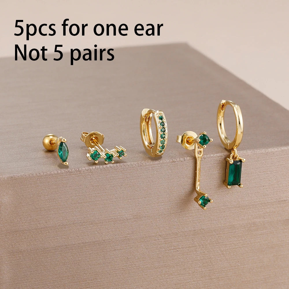 5PCS Stainless Steel Little Huggies Ear Stud Earrings Set For Women Tiny Crystal Zirconia Pendant Earrings Piercing Jewelry