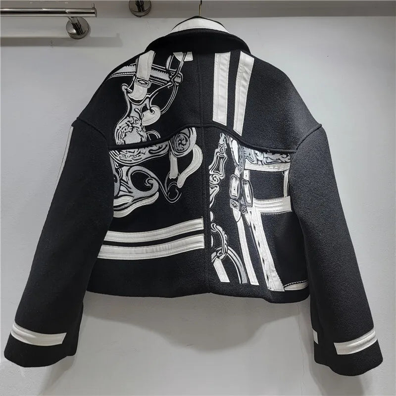 HKSH Autumn Winter New Women Short Woolen Jacket Heavy Embroidery Patchwork Contrast Color Zipper Streetwear Trendy Coat HK12891