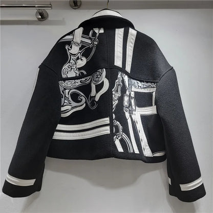 HKSH Autumn Winter New Women Short Woolen Jacket Heavy Embroidery Patchwork Contrast Color Zipper Streetwear Trendy Coat HK12891