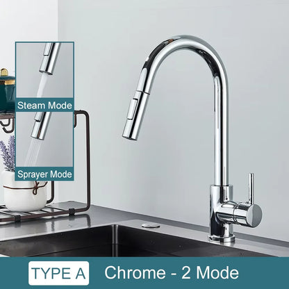 Kitchen Faucet Flexible Pull Out 2 Modes Nozzle Hot Cold Water Mixer Tap Deck Mounted Sprayer and Stream SUS 304 Faucets