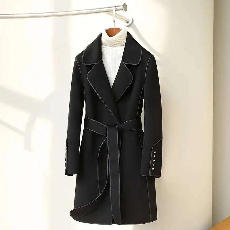 LANMREM 2023 Winter New Wool Coats For Women Lapel Long Sleeves Belt Coats Office Lady Fashion Streetwear Clothing 2DA2615