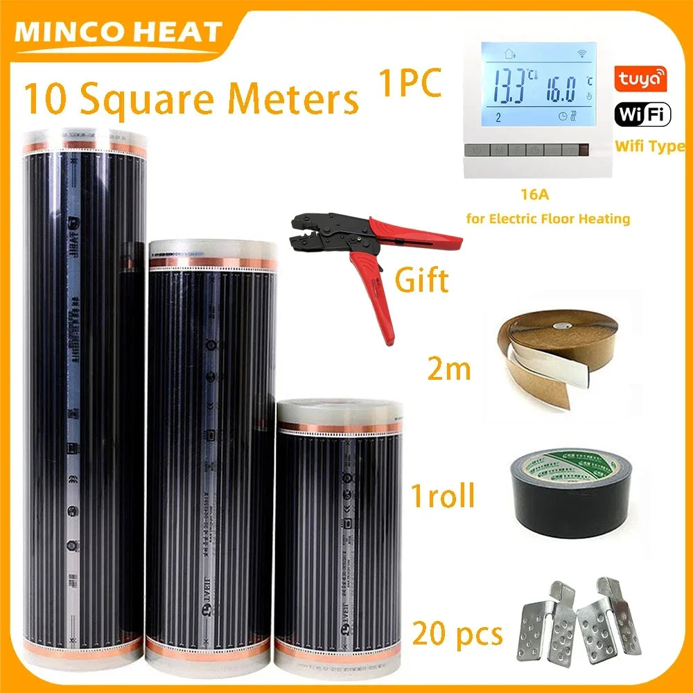 Minco Heat 220W/㎡ 50/80cm Width 10m2  Infrared Underfloor Heating Film with Wifi Thermostat Installation Kit