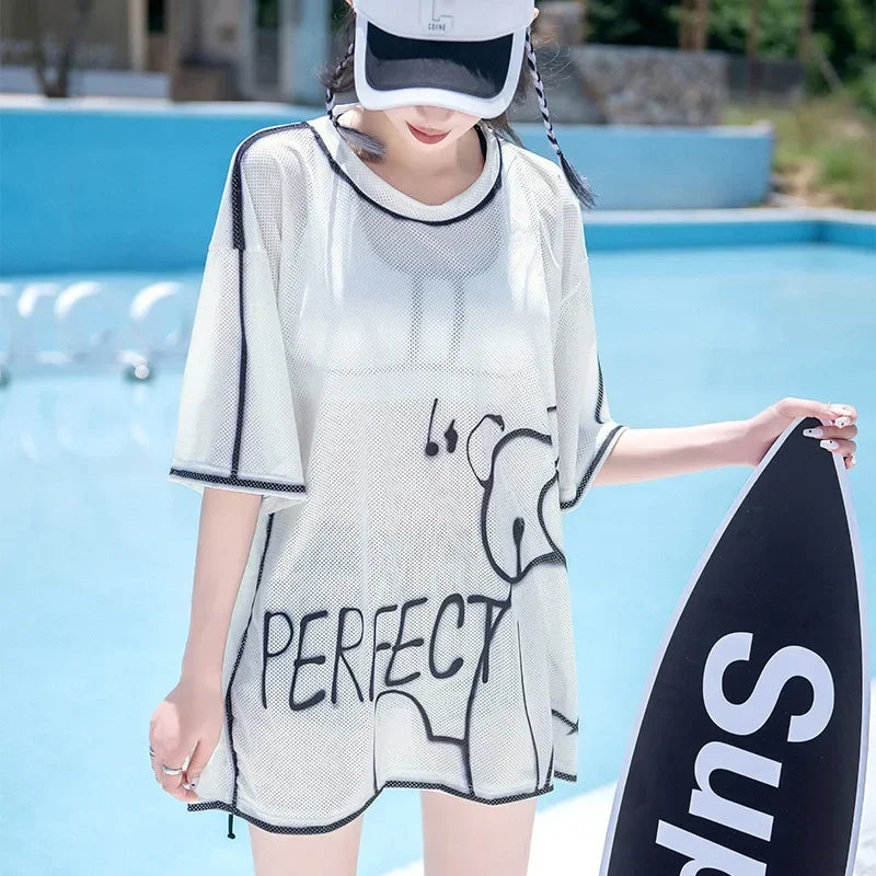 Swimsuit Women Split 3 Piece Set Korean Cartoon Print Cover Up Sport Boxer Shorts Tank Top Mesh Jersey Sun-proof Beach Swimwear