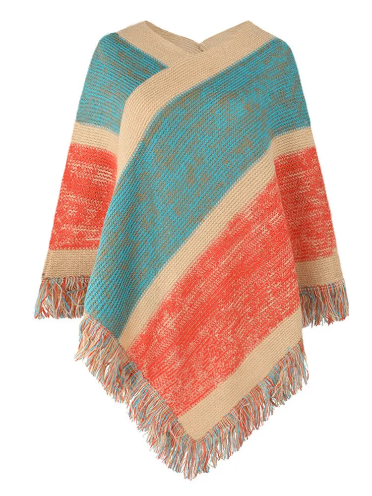 Autumn Winter Batwing Sleeve Rainbow Striped Poncho Women Fashion Sweater Cloak 2025 New Pullover Shawl Female Tassel Cape