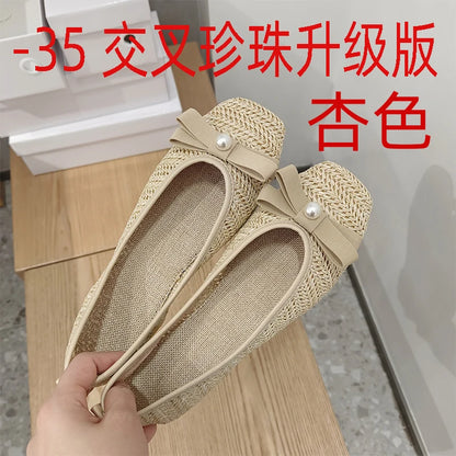 Flat Shoes for Women Spring and Autumn 2025 Breathable Hollow Flat Square Toe for Women Shallow Mouth Beach Sandals for Summer