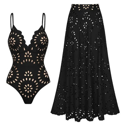 FLAXMAKER Flower Hollow One Piece Swimsuit and Skirt Women Beachwear Luxury Bathing Suit