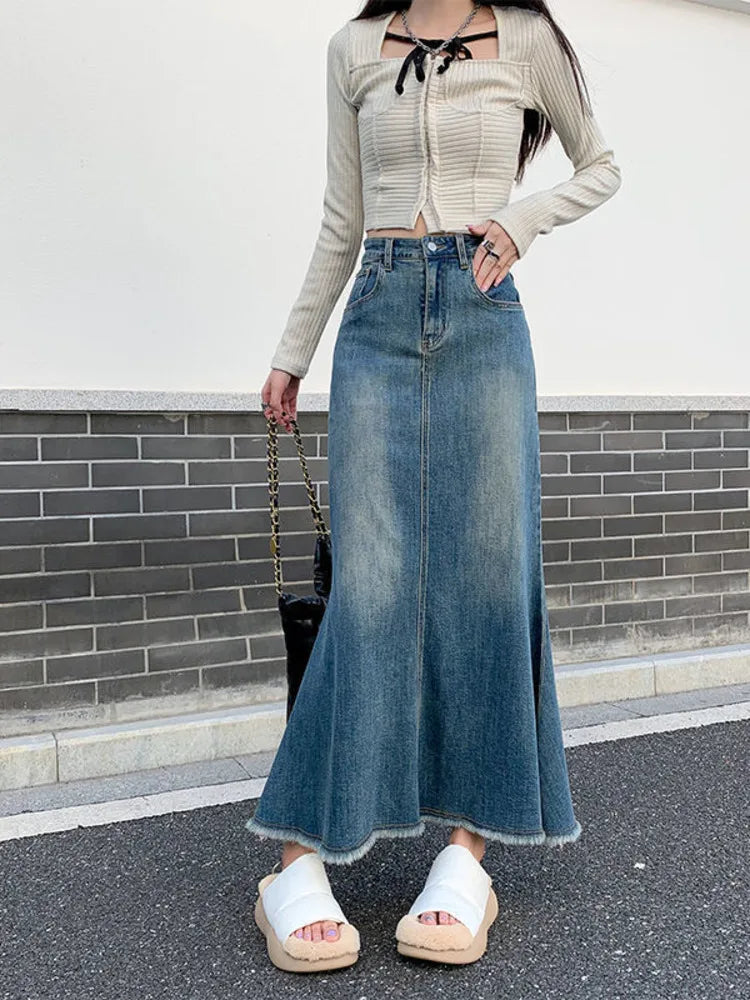 2023 Fashion Spring Denim Skirts for Women Vintage Do Old Midi Skirt Chic High Waisted Trumpet Mermaid A Line Skirts
