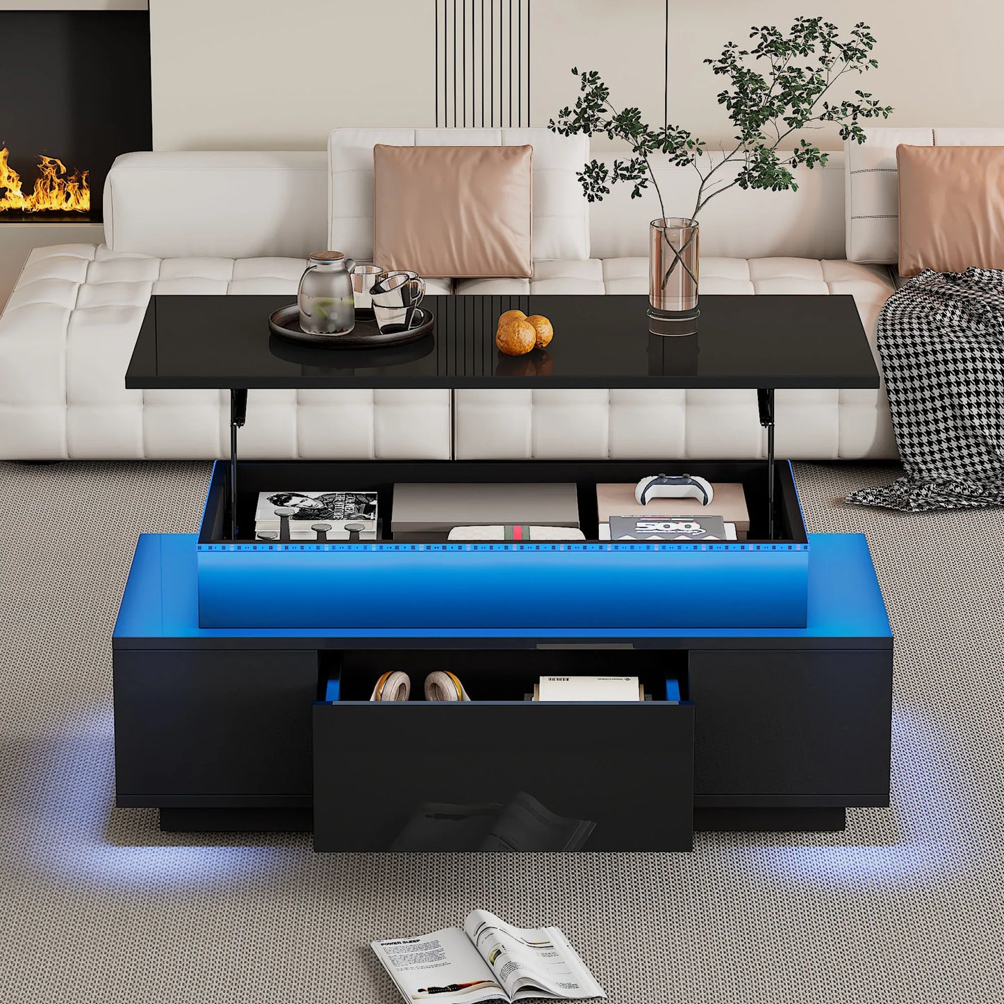 KOMHTOM Black height adjustable coffee table high gloss coffee table with hidden storage, drawer and LED lighting