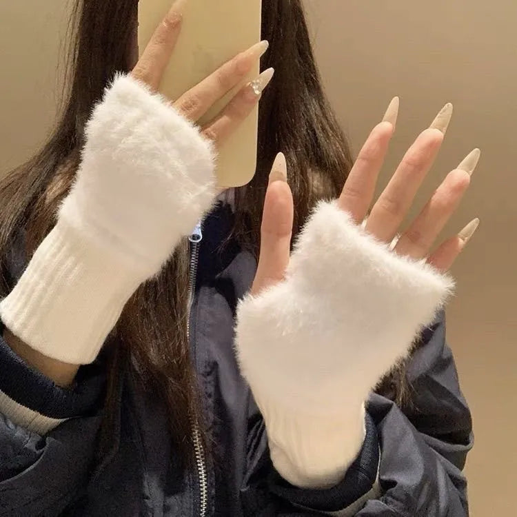 1pair Mink Fleece Soft Winter Half Finger Gloves Women Warm Plush Knitted Fingerless Gloves Girls Cute Wrist Mittens Writting