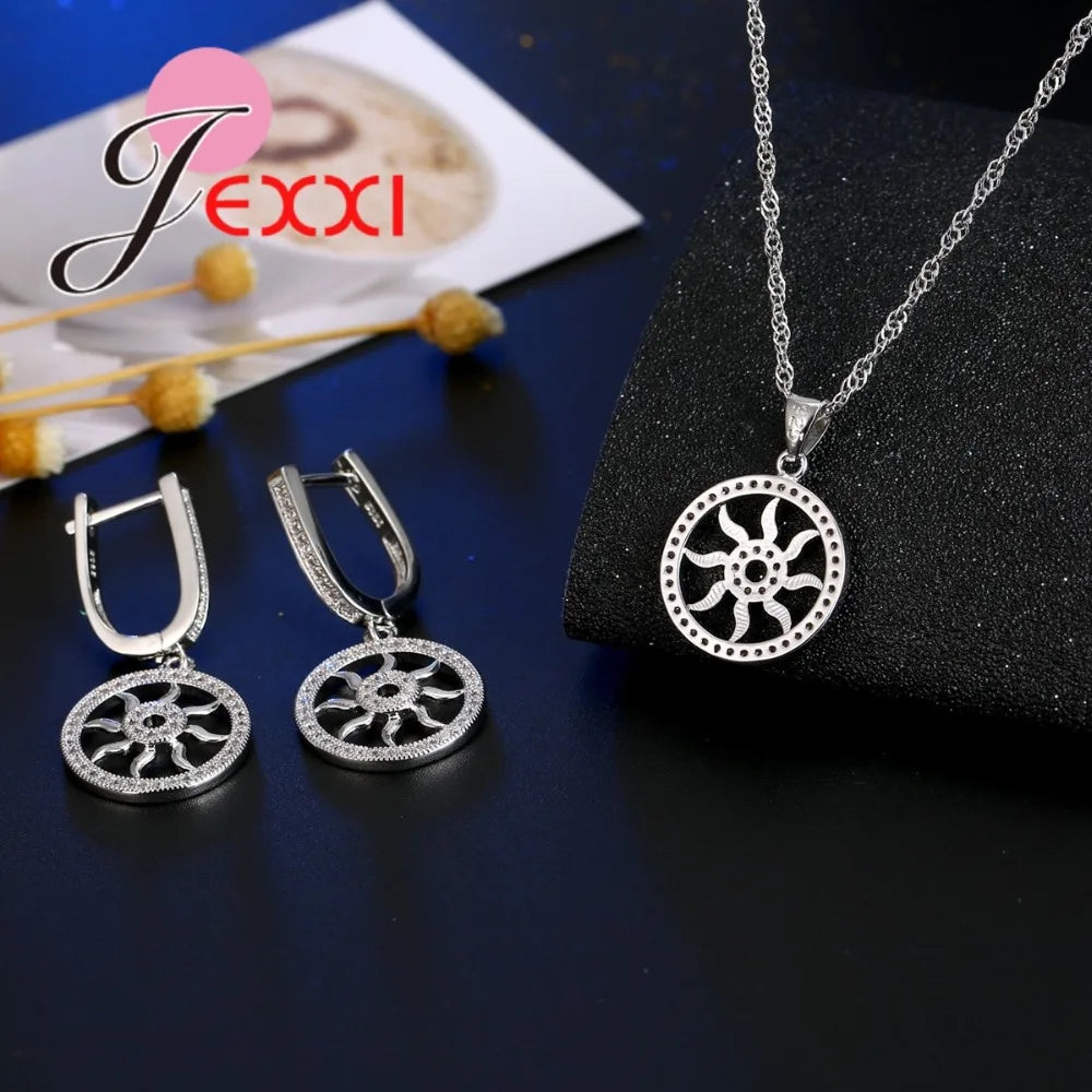 Fine 925 Sterling Silver  Brand Jewelry Set for Wedding Engagement Fashion Round Hollow Pendant Necklace Earring Sets