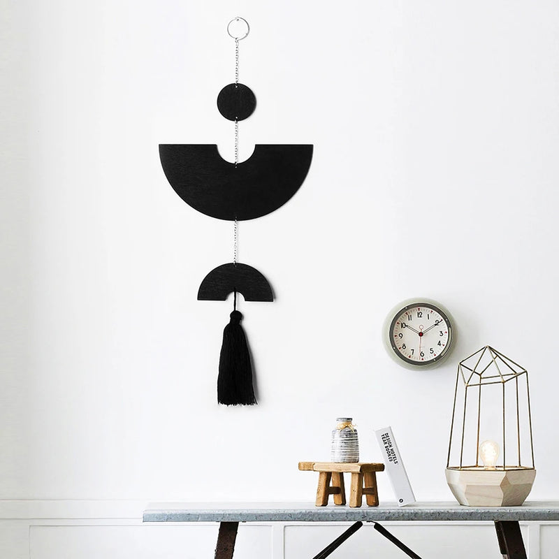 Boho Room Decor Black Wall Art Wood Dream Catcher Geometric Farmhouse Tassel Macrame Wall Hanging Bedroom Rustic Decor for Home