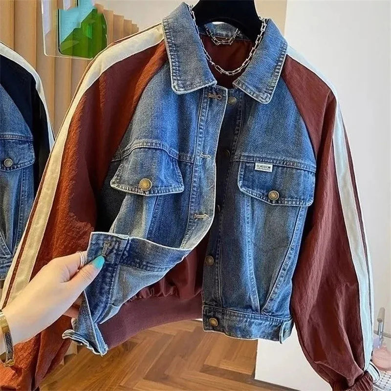2025 Spring Autumn Short Baseball Jacket Loose Fitting Cowboy Women Outerwear European Fashion Splicing Together Denim Lady Coat