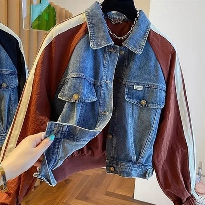 2025 Spring Autumn Short Baseball Jacket Loose Fitting Cowboy Women Outerwear European Fashion Splicing Together Denim Lady Coat