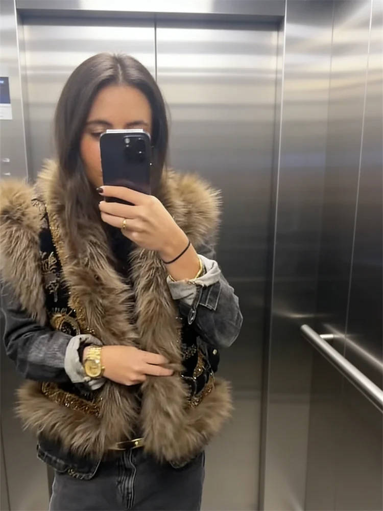 Women's Vintage Paisley Pattern Sleeveless Vest With Raccoon Fur Trim Fashion Waistcoat Outerwear 2025 Autumn Winter Streetwear