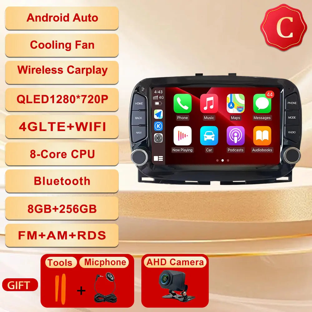 GPS Navigation Android 15 Auto Carplay 7" For FIAT 500 2016 - 2019 Stereo Multimedia Player 4G WIFI Bluetooth DSP 360 Camera