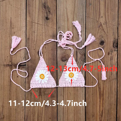 Hand crochet Cottom Thong String Daisy Applique Mini Bikini Swimwear Sunbathing Micro Swimwear
