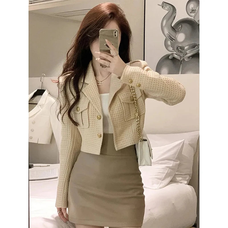 MEXZT Cropped Jackets Women Elegant Basic Blazer Coats Office Lady Korean Autumn Long Sleeve Slim Simple All Match Outwear New