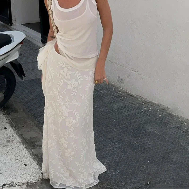 Elegant French A-Line Mesh Fashion Long Skirts Vintage High Waist Casual Spring Summer Evening Party New Maxi Skirt