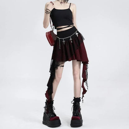 Japanese Harajuku Lace Plaid Irregular High Waist Women Skirt Autumn New Gothic Mini A-line Skirt Fashion High Street Y2k Skirt