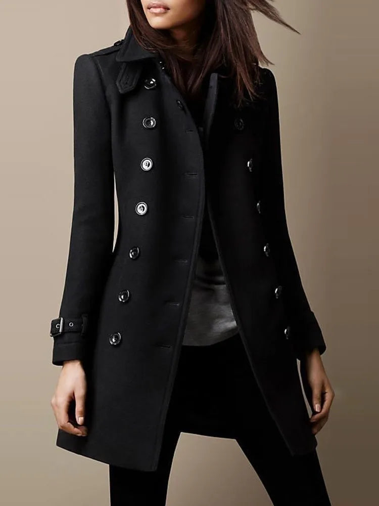 Winter Ladies Woolen Jackets Double Breasted Flap Lapel Lined Top Coat Solid Slim Elegant Womens Outerwear 2024