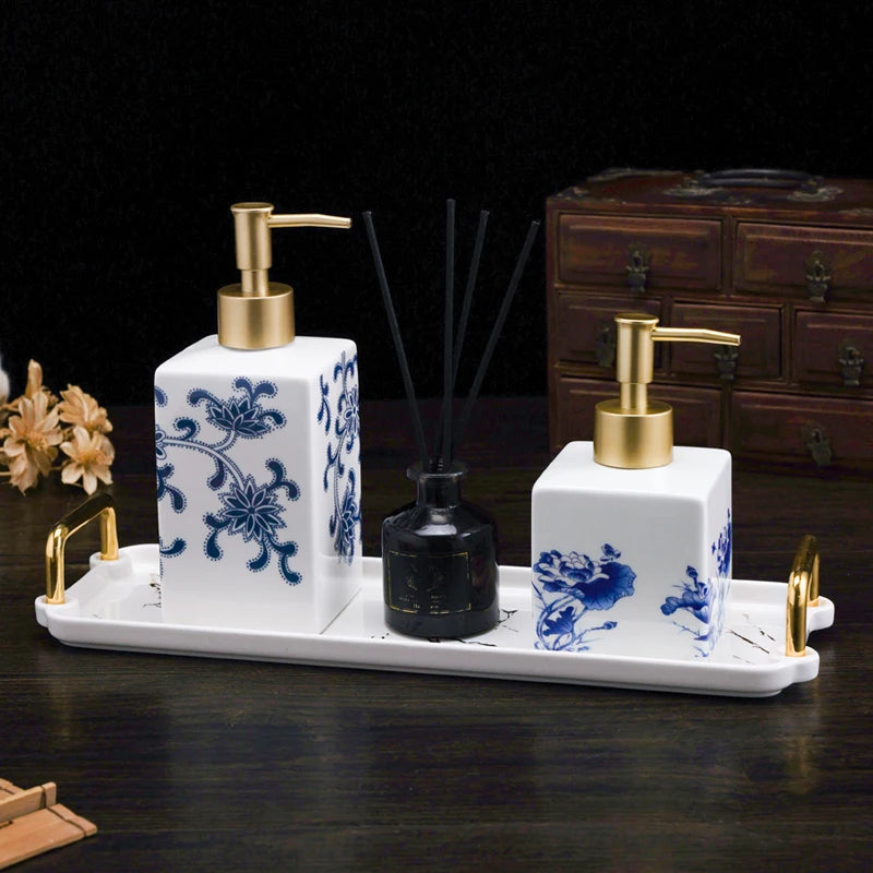 Blue and White Storage Bottle Bathroom Accessories Ceramic Soap Container Wash Table Soap Shampoo Cosmetic Storage Bottle 300ml