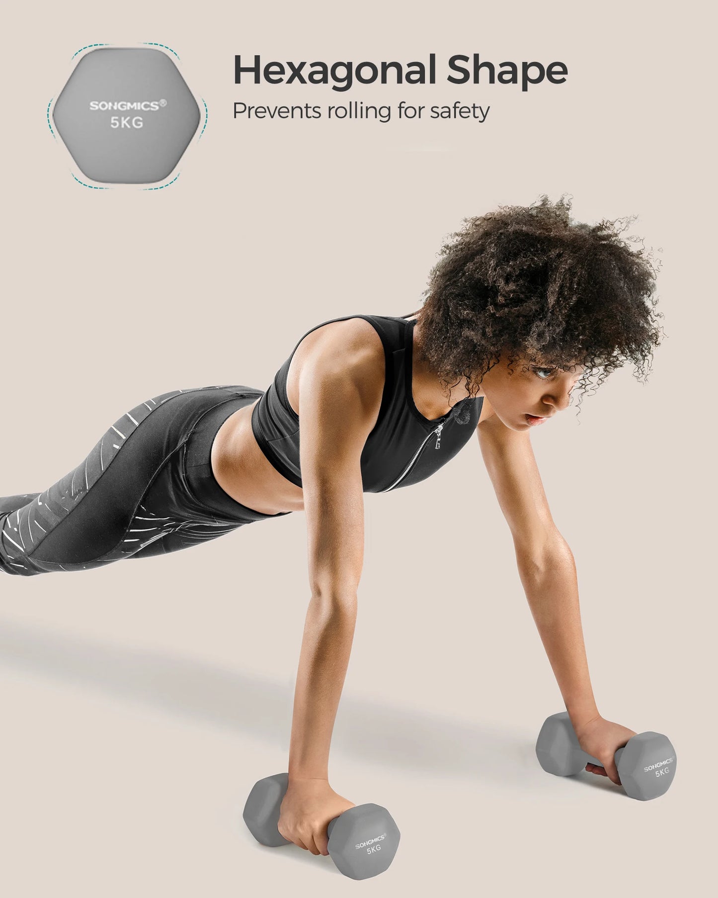 SONGMICS Set of 2 Neoprene Hex Dumbbells, 2 x 5 kg, with Dumbbells Bars, Home Training, Grey