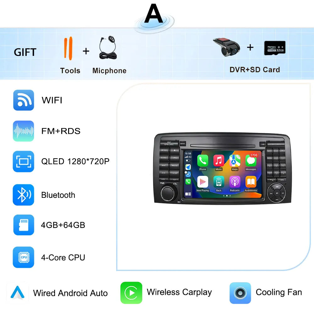 for Mercedes-Benz R-Class R300 R350 R400 2006-2014 GPS Navigation 7" 2.5D Touch Screen Android 16 Wireless CarPlay DSP Stereo