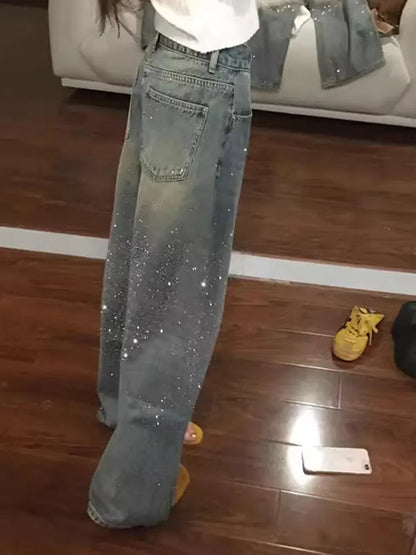 Women's Y2k Baggy Jeans Harajuku Vintage Rhinestone Denim Trousers Japanese 2000s Style Oversize Wide Jeans Long Pants Clothes