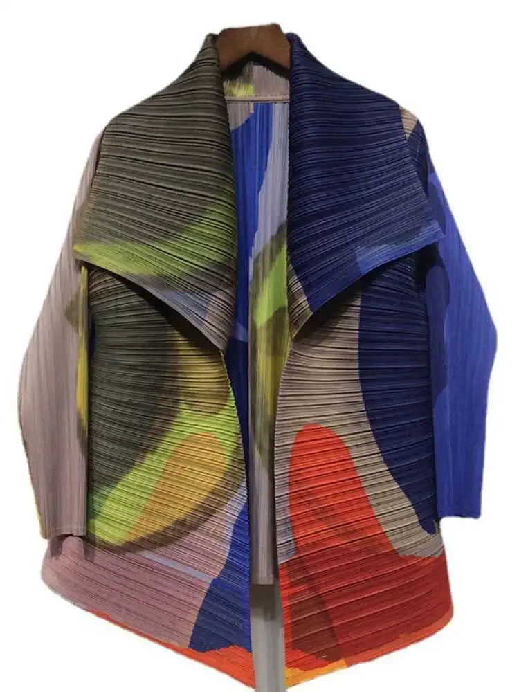 GVUW Pleated Color Block Jacket Coat Women's 2025  Autumn Lapel Long Sleeve Single Button Loose Female Fashion Top 17D1331