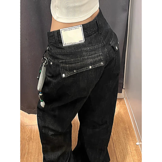 Black Autumn 2025 Blue Jeans Women Y2K Vintage High Waisted Jeans Straight Streetwear Loose Large Wide Leg Denim Pants