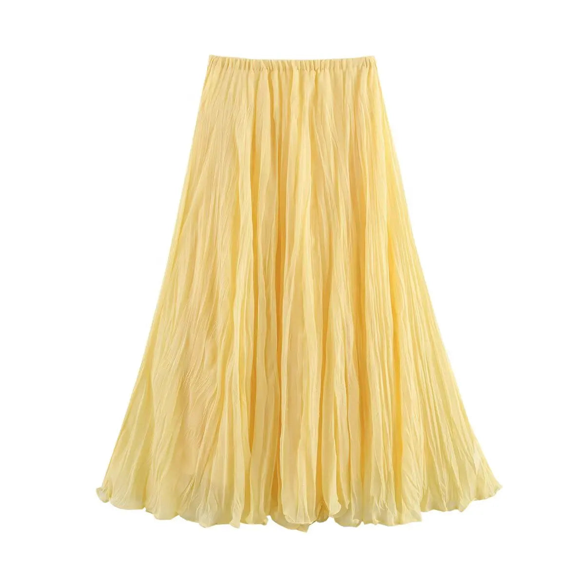 HH Women Elegant Yellow Pleated Long Skirts Elastic Waist Loose Casual High Waist Skirt Female A-Line Solid Tulle Skirt