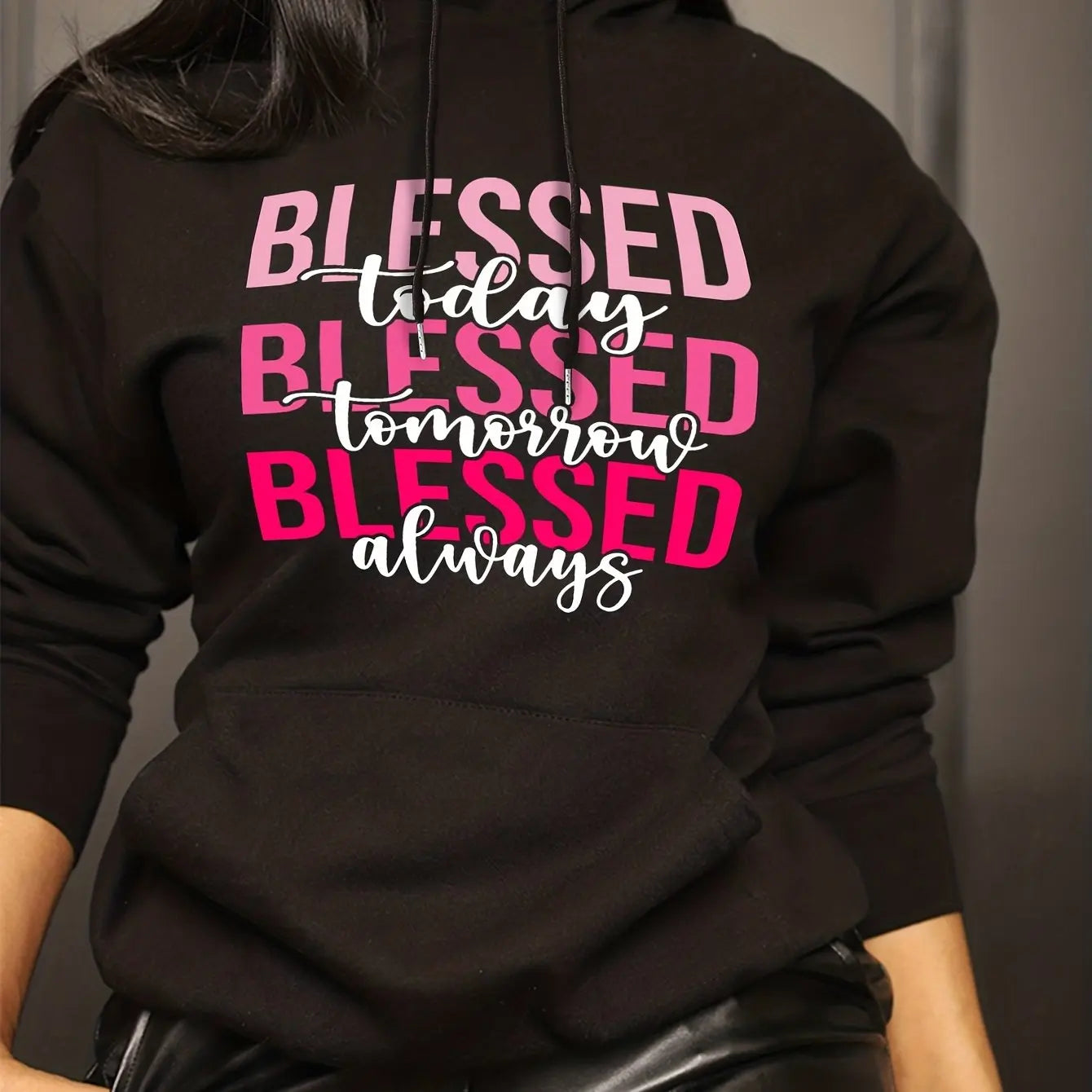 Women's casual fashion hoodie sweatshirt blessed letter print round neck long sleeved autumn and winter warm regular version