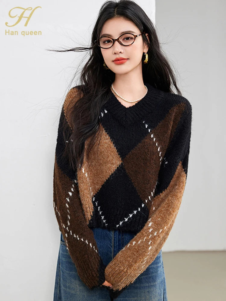 H Han Queen Winter Warm Thickened Lazy Diamond Plaid Loose Elastic Knit O-Neck Knitted Bottoming Women's Pullover Sweaters