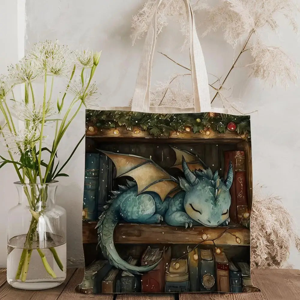Dragon Sleeping Storage Bags Lightweight Canvas Tote Bag Large Capacity Shoulder Shopper Fashion Eco Multi-Purpose Handbag