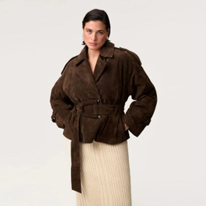 Vintage Brown Suede Jacket for Women Single Breasted Turn-down Collar Blazer with Pocket Casual Office Outerwear Autumn 2025