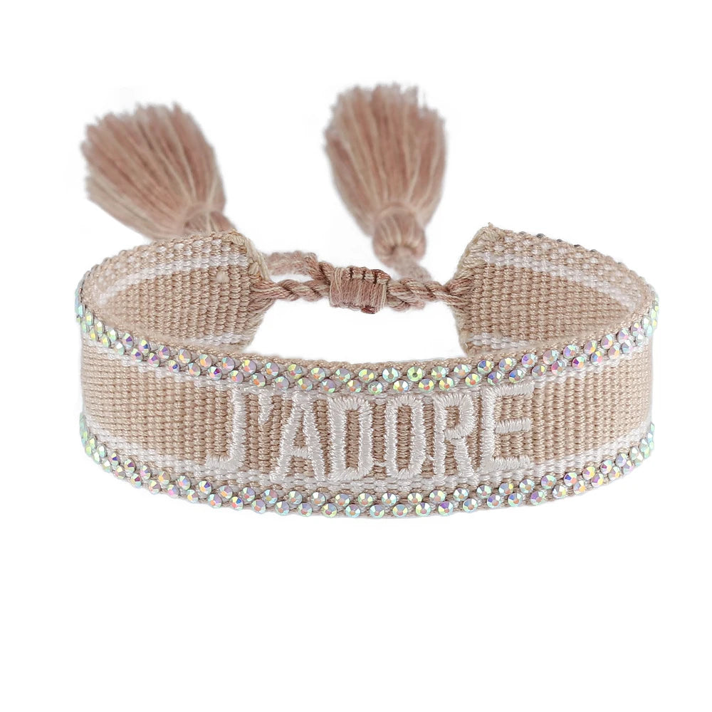 Rhinestone Embroidery Woven Bracelets Adjustable Rope Stackable Bangle For Women