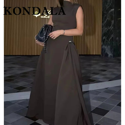 KONDALA Vintage Brown Elegant Woman Dresses Fashion 2025 Pleated Asymmetric Sleeveless Dress Chic Evening Party Female Vestidos
