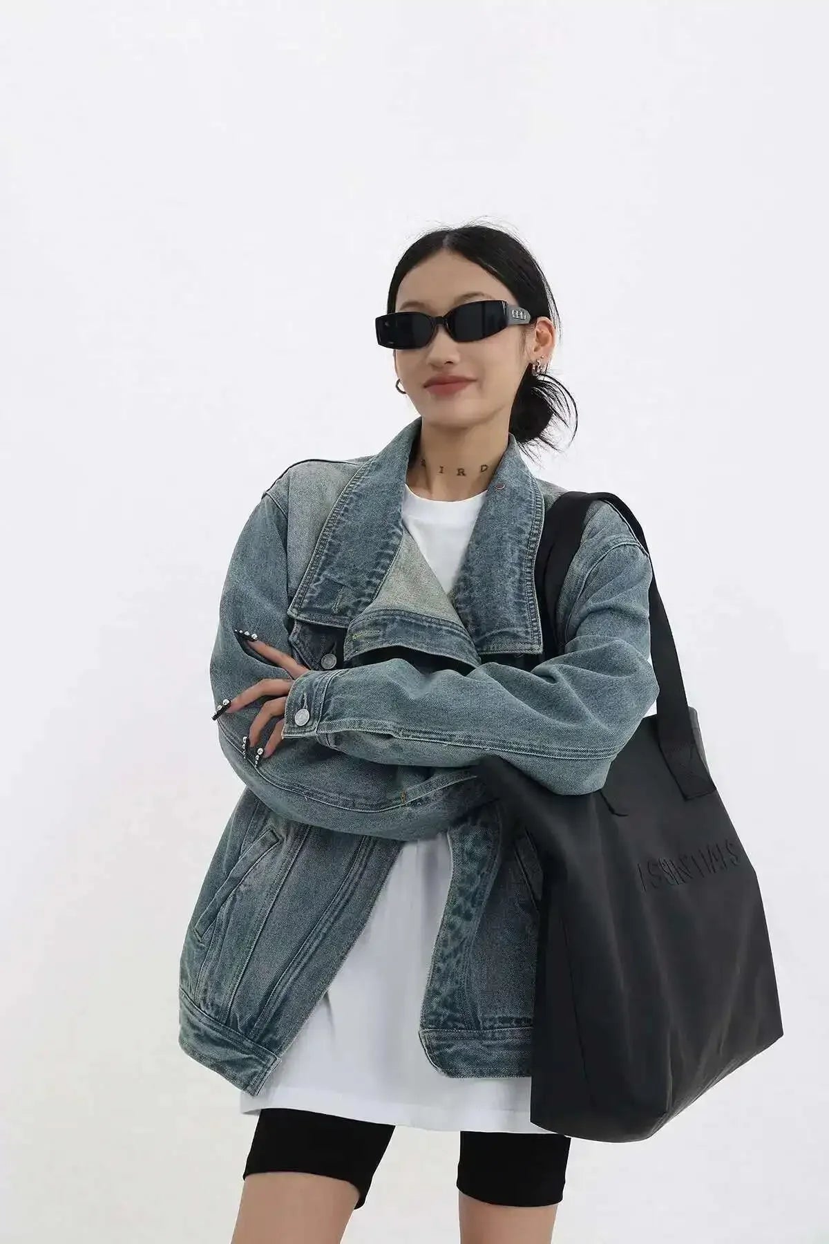 2025Fashion lapel denim jacket asymmetrical design  women's denim coat loose casual streetwear  outerwear  female coat