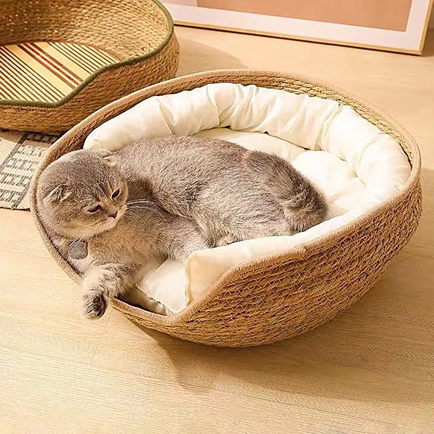 Cat Bed Basket Cushion Hand Craft Woven And Pillow mat All Season Weaving Pet Sleeping Rest Scratching Furniture For Puppy Cat