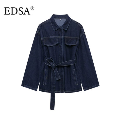 EDSA Women Vintage Denim Jacket Coat with Sashes Flap Pockets Long Sleeves Turn-down Collar for Female High Street Outerwear