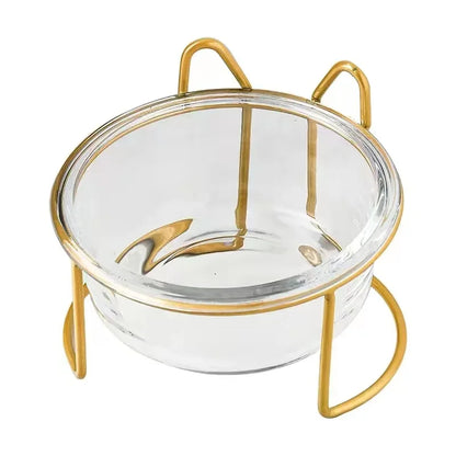 2x300ml Double Glass Cat Dog Bowl Puppy Food Bowl with Iron Frame Gold Stand Raised Water Feeder Bowl Pet Supplies Accessories